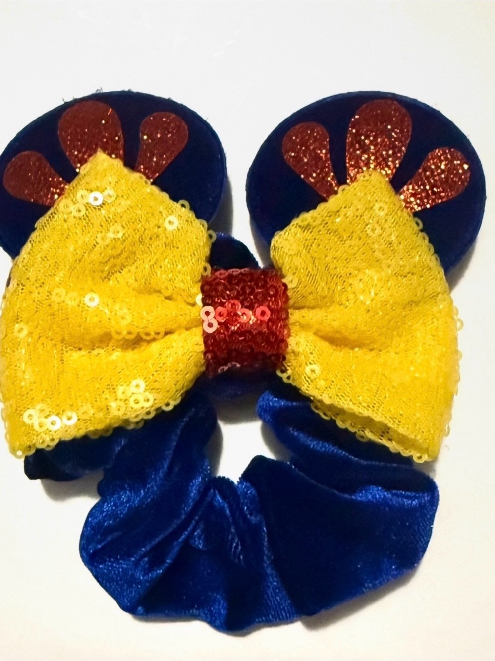 Snow White Sequin Bow Mouse Ear Hair Scrunchie - Yellow & Blue